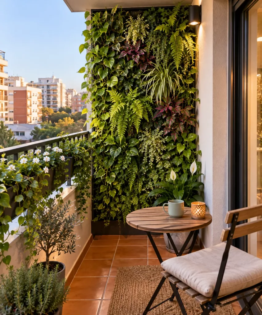 Balcón con sombra con jardín vertical de helechos y plantas de hoja verde
