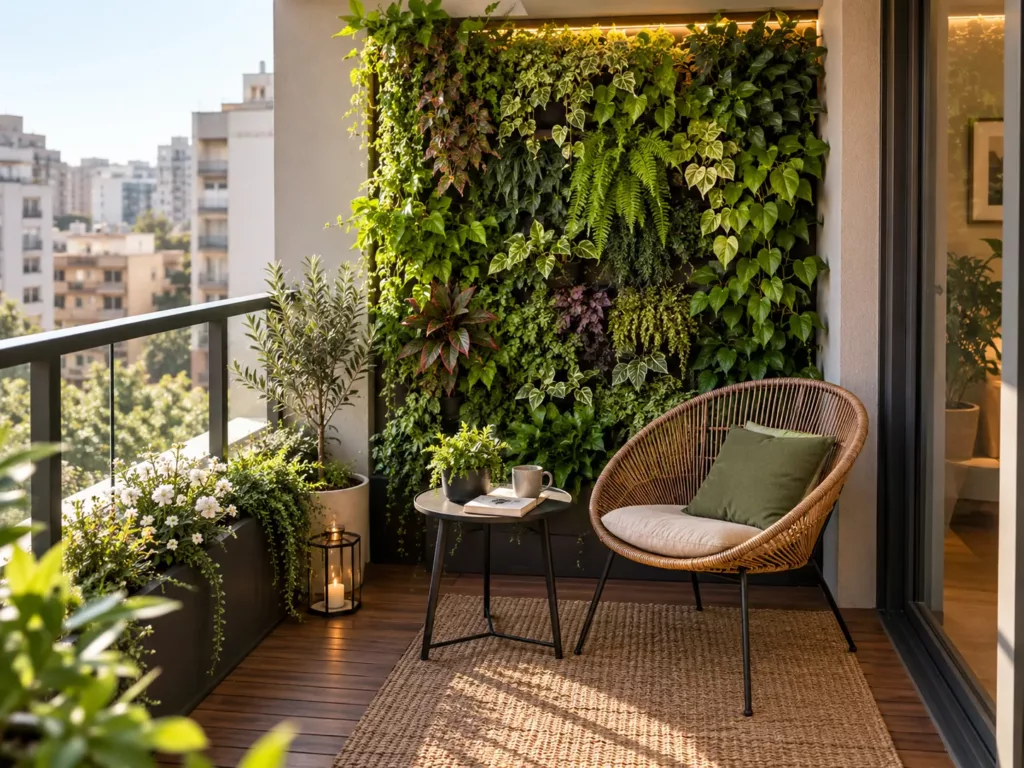 Balcón pequeño con jardín vertical en la pared, sillón y mesa auxiliar