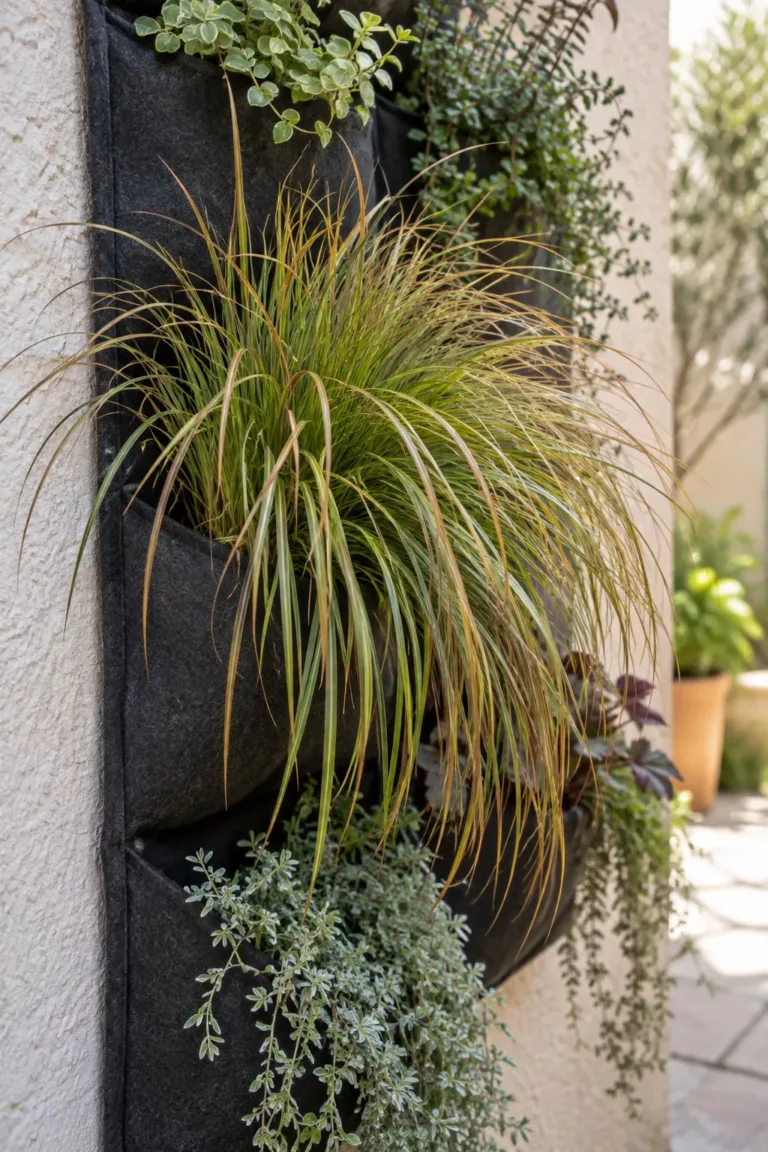 Carex de hojas finas en jardín vertical