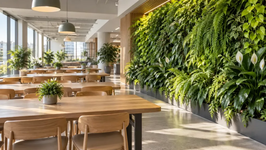 Comedor de empresa con mesas de madera y un jardín vertical de gran formato en la pared