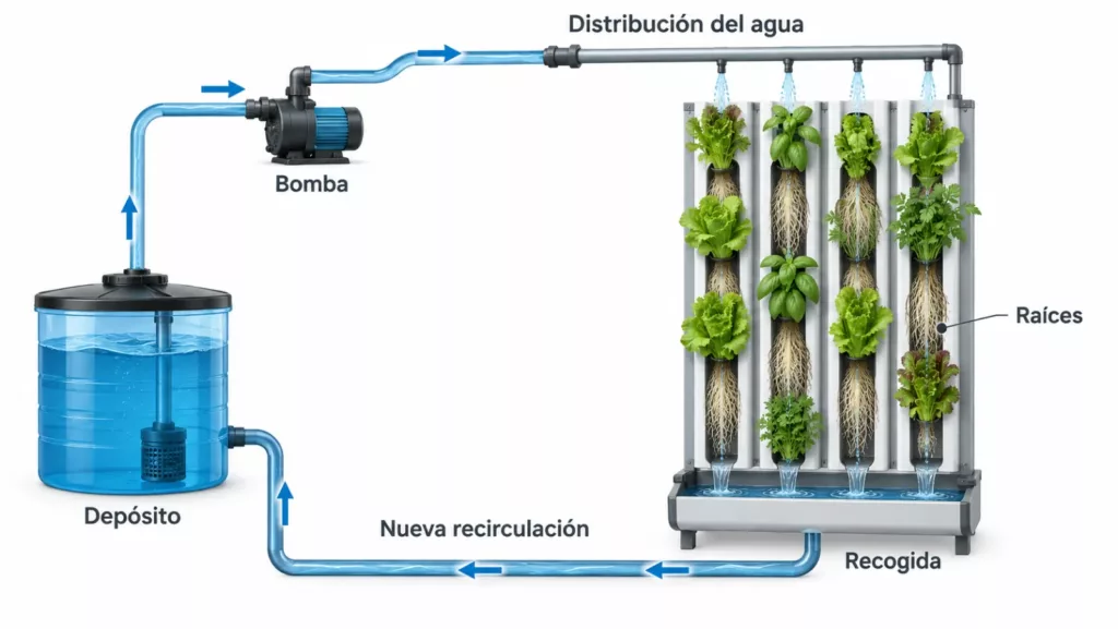 Diagrama de un jardín vertical hidropónico: depósito, bomba, distribución del agua, raíces y recogida