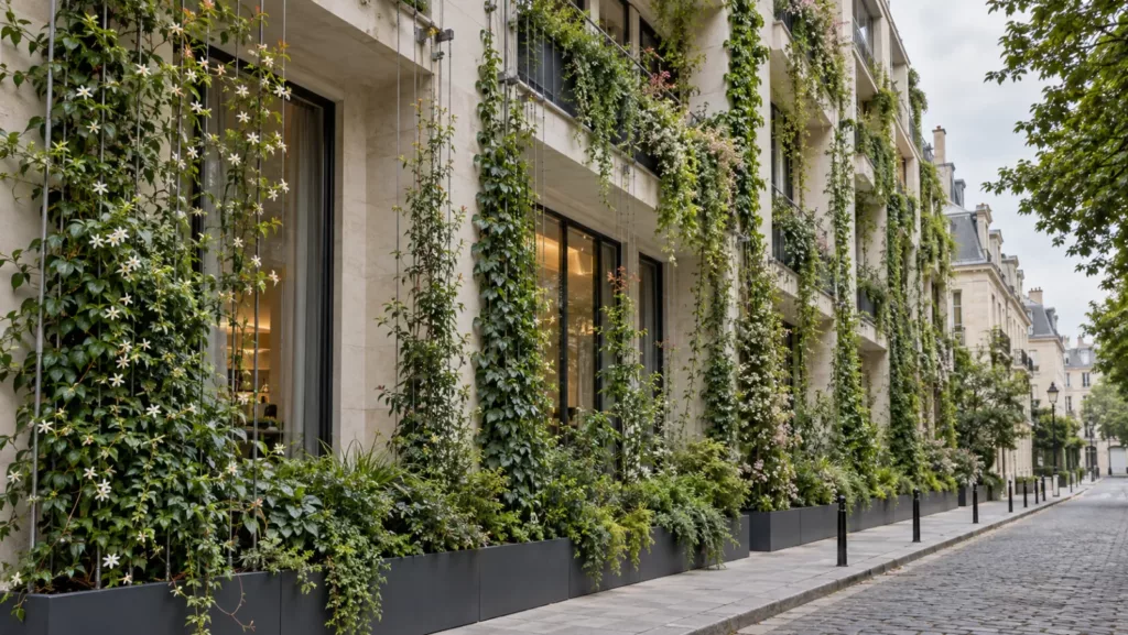 Fachada de hotel urbano con plantas trepadoras sobre cables y jardineras en la base