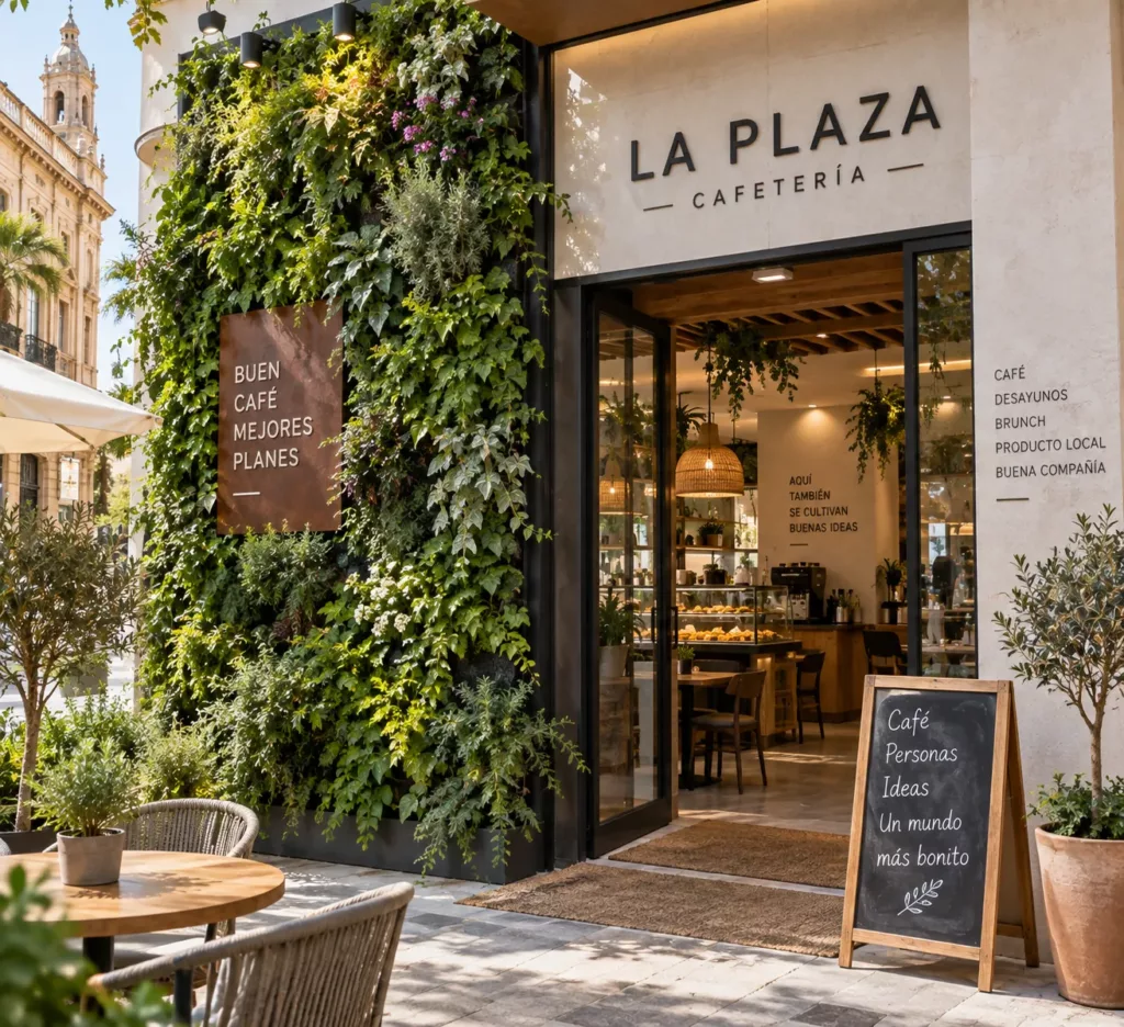 Fachada y entrada de una cafetería con un jardín vertical junto a la puerta