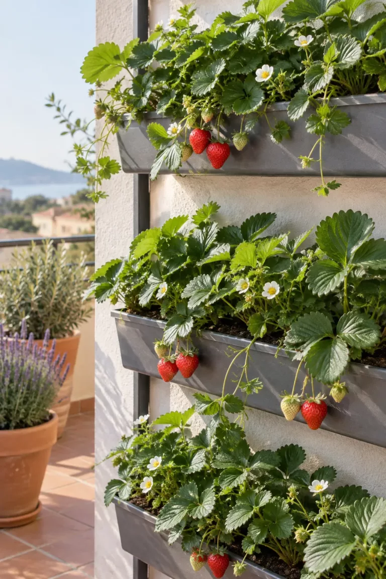 Fresa (Fragaria) en un jardín vertical de balcón