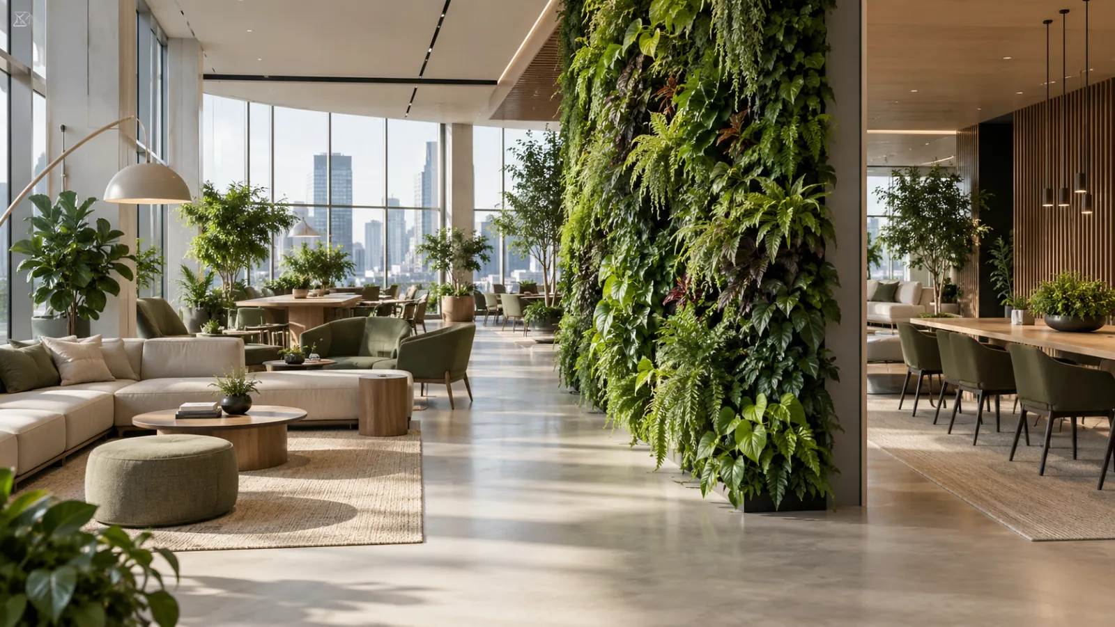 Gran zona común de empresa con sofás y un jardín vertical en una columna