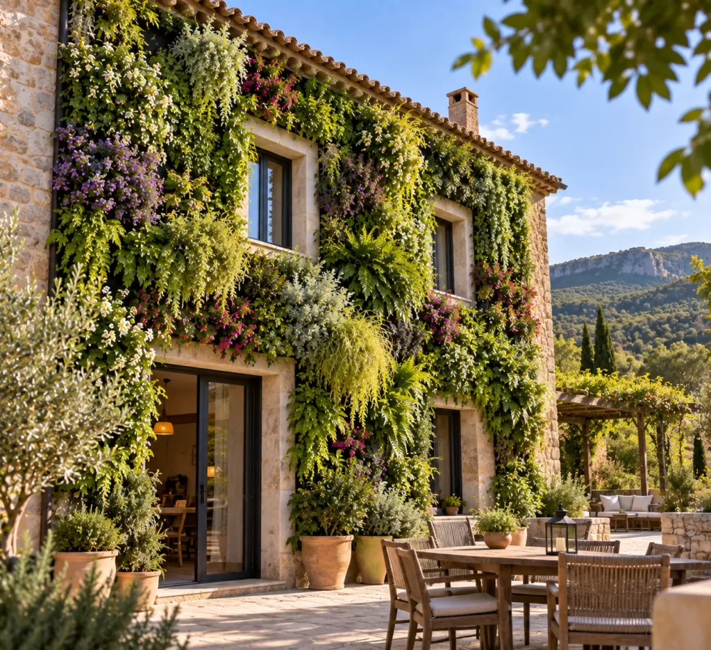 Hotel de estilo mediterráneo con fachada de piedra cubierta de vegetación y terraza