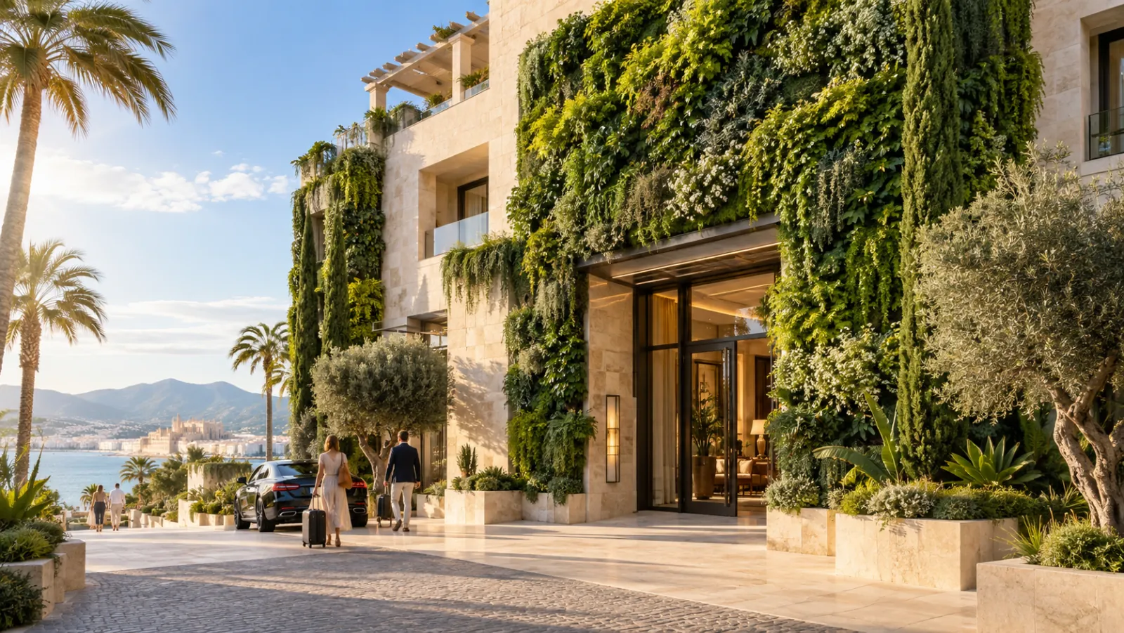 Hotel mediterráneo con jardín vertical en la fachada y palmeras junto al mar