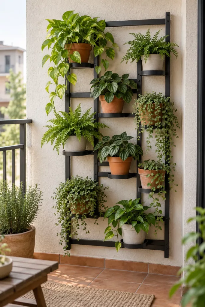 Jardín vertical con macetas independientes sobre una estructura de pared