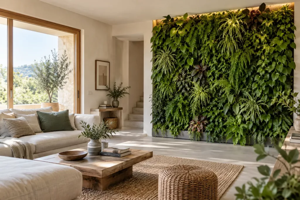 Jardín vertical con plantas vivas en la pared de un salón