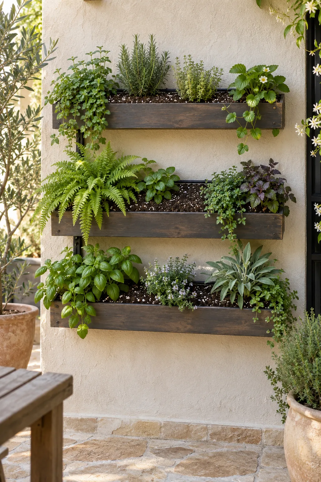 Jardín vertical con sustrato natural y vegetación densa