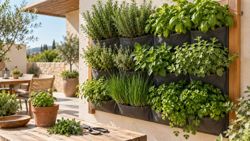 Plantas aromáticas en macetas de una terraza