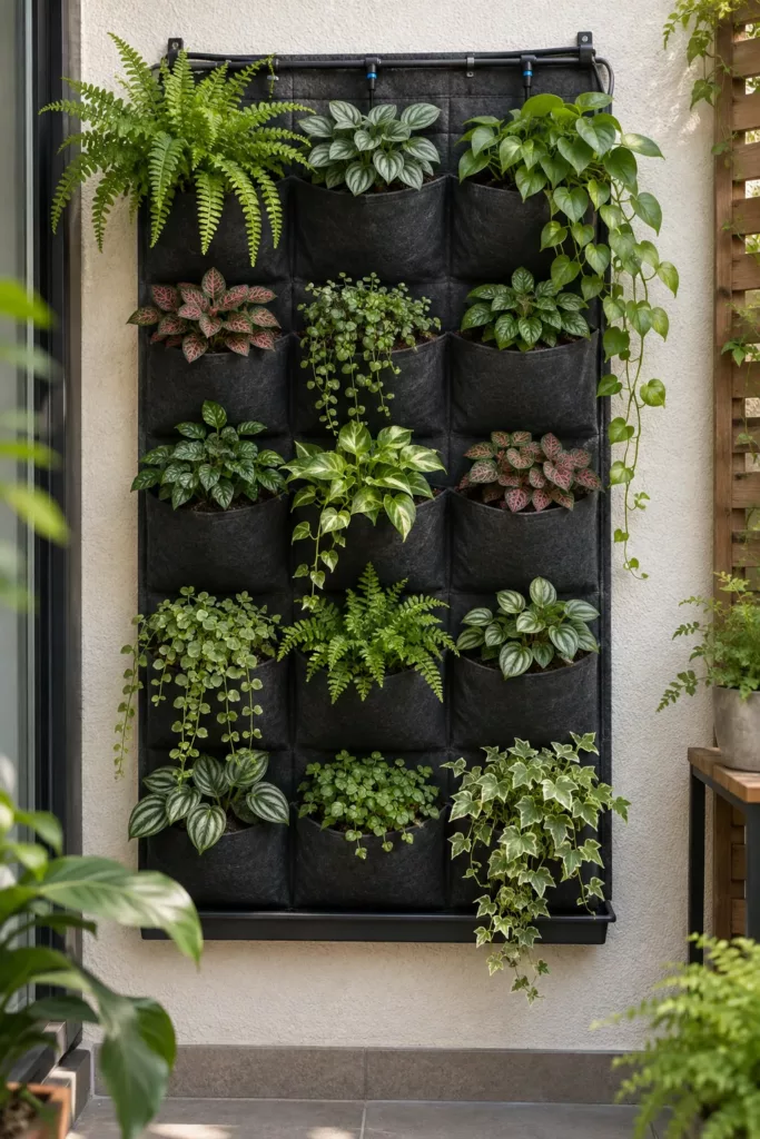 Jardín vertical de bolsillos de geotextil con plantas