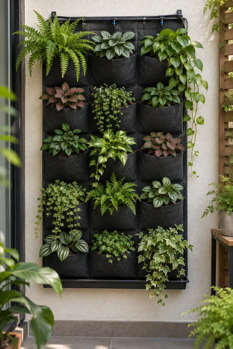 Jardín vertical de bolsillos textiles de geotextil con plantas de interior