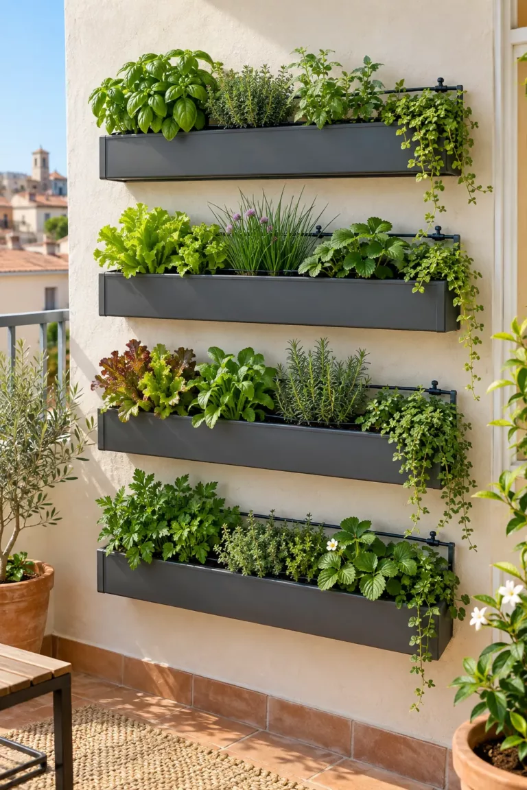 Jardín vertical de canaletas horizontales en filas sobre una pared