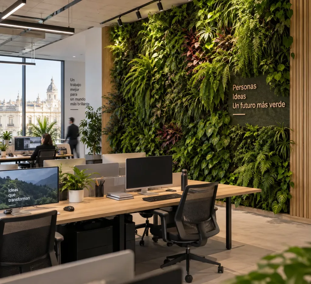 Jardín vertical de gran formato en una oficina abierta con puestos de trabajo