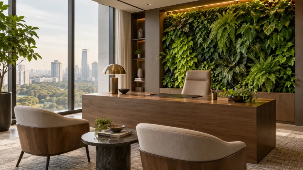 Jardín vertical detrás de la mesa de un despacho profesional con vistas a la ciudad
