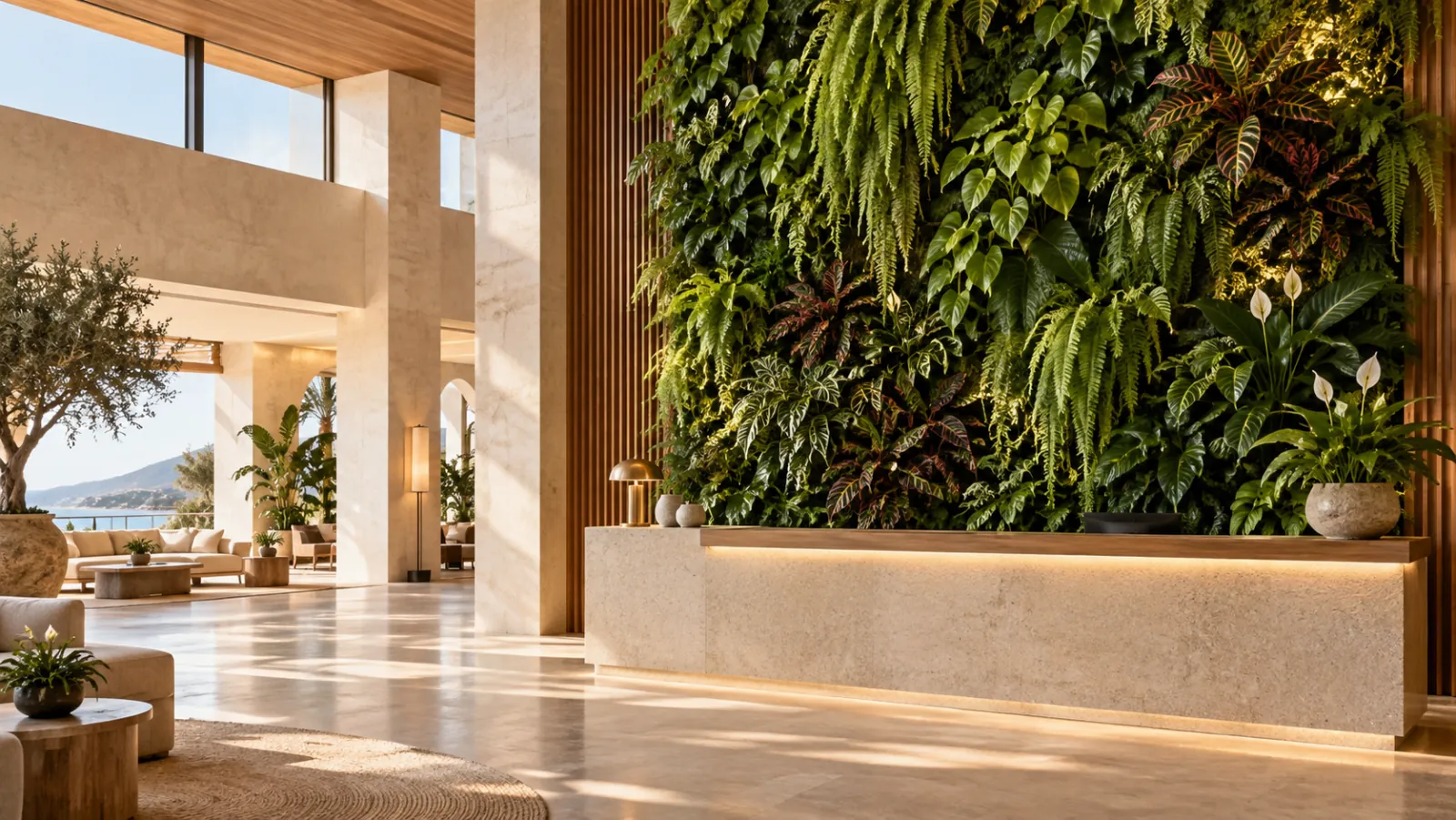 Jardín vertical detrás del mostrador de recepción en el hall de un hotel