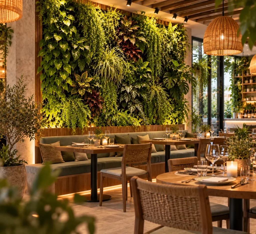 Jardín vertical en la pared junto a las mesas y el banco corrido de una cafetería