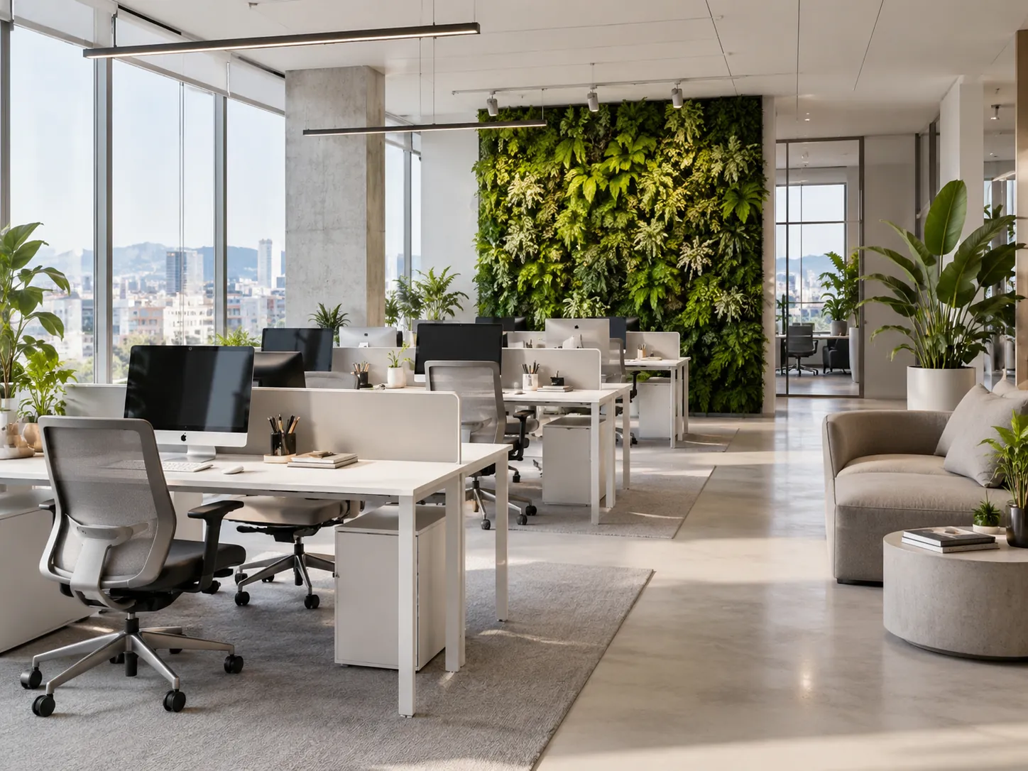 Jardín vertical en una oficina abierta con puestos de trabajo