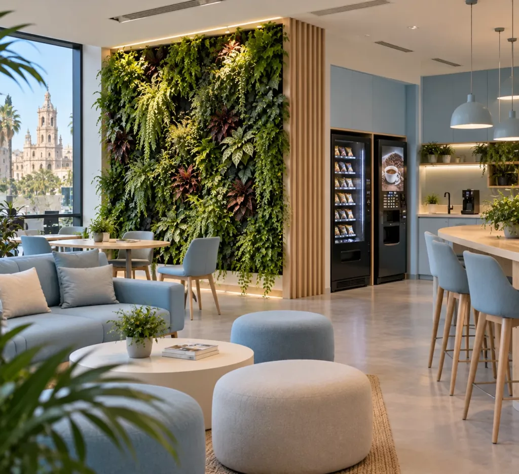 Jardín vertical en una sala de espera de hotel con sillones y zona de café