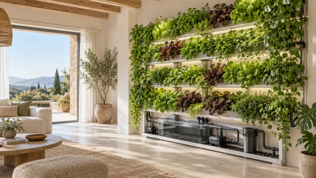 Jardín vertical hidropónico de interior con depósito, bomba y circuito de riego visibles en la base