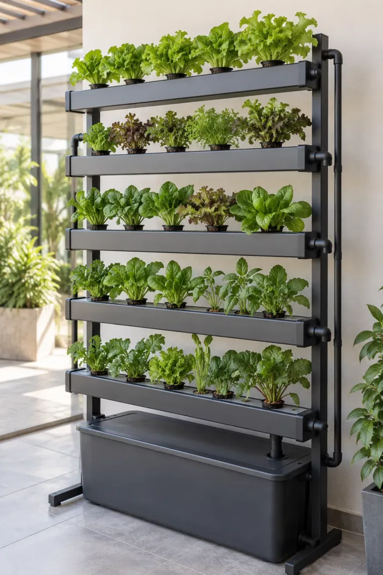 Jardín vertical hidropónico de interior con plantas sobre medio inerte