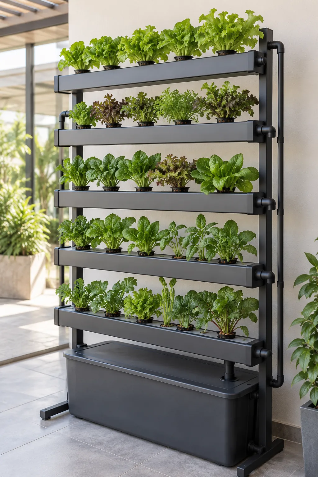 Jardín vertical hidropónico de interior con plantas sobre medio inerte