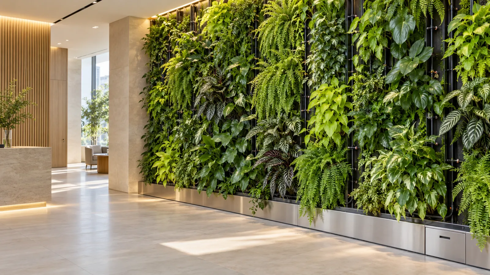 Jardín vertical hidropónico recirculante en el hall de un edificio