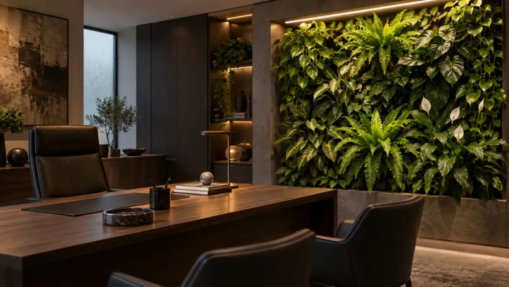 Jardín vertical iluminado con luz artificial en un espacio interior con poca luz natural
