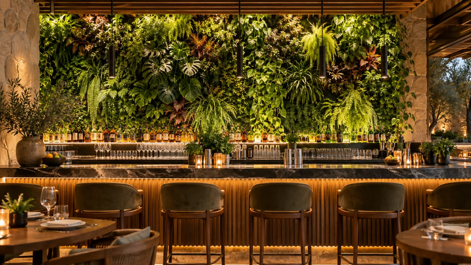 Jardín vertical iluminado detrás de la barra de una cafetería