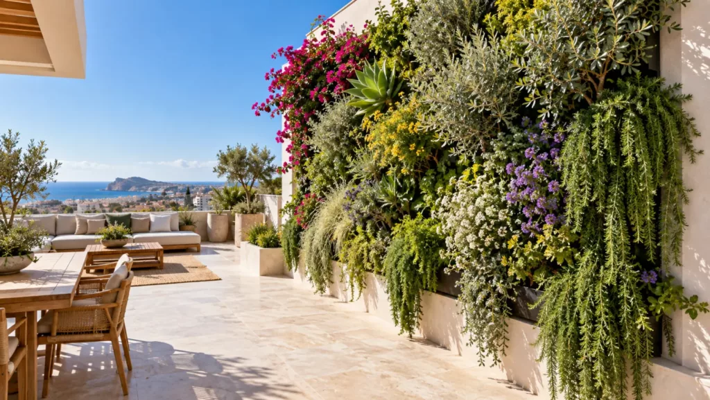 Jardín vertical mediterráneo con plantas colgantes en una terraza