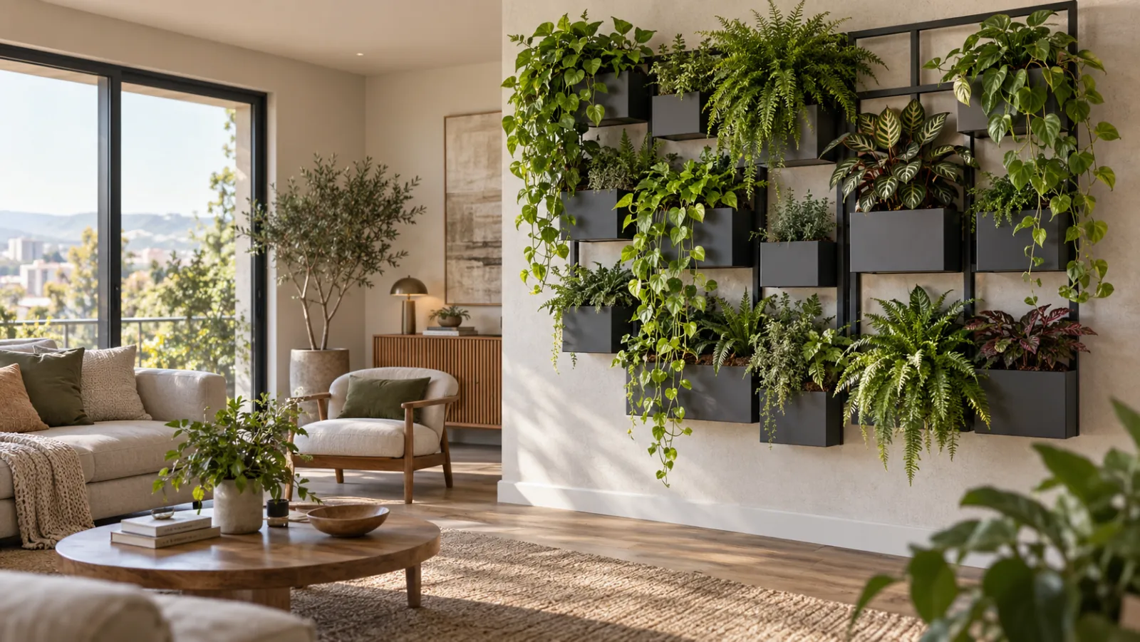 Jardín vertical modular de macetas independientes en el salón de una vivienda