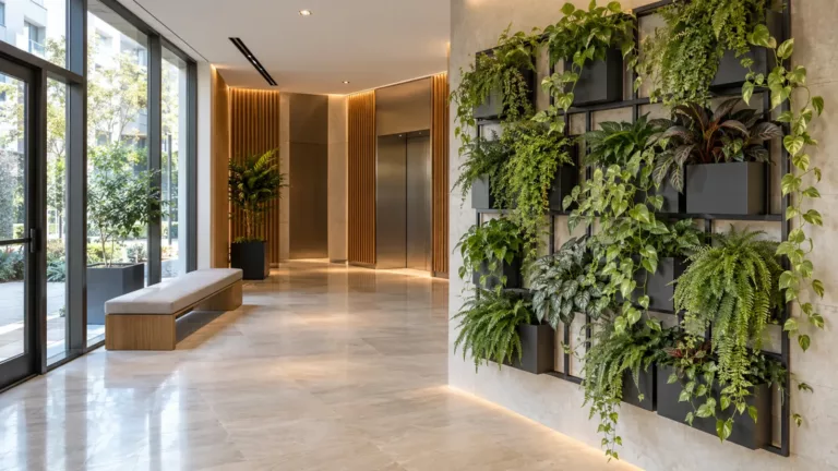 Jardín vertical modular en la entrada de un edificio