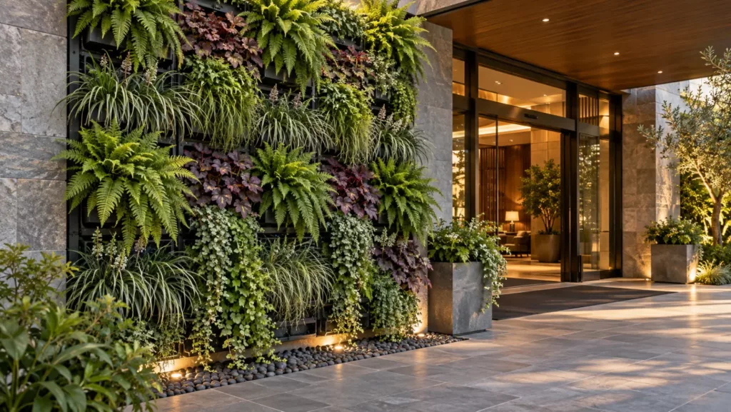 Jardín vertical modular en la entrada principal de un hotel