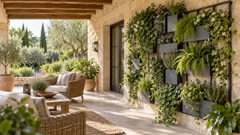 Jardín vertical modular en un porche con zona de estar