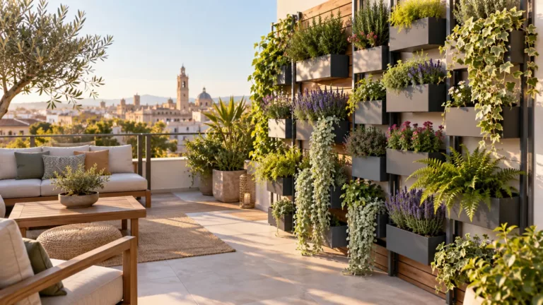 Jardín vertical modular en una terraza con vistas a la ciudad