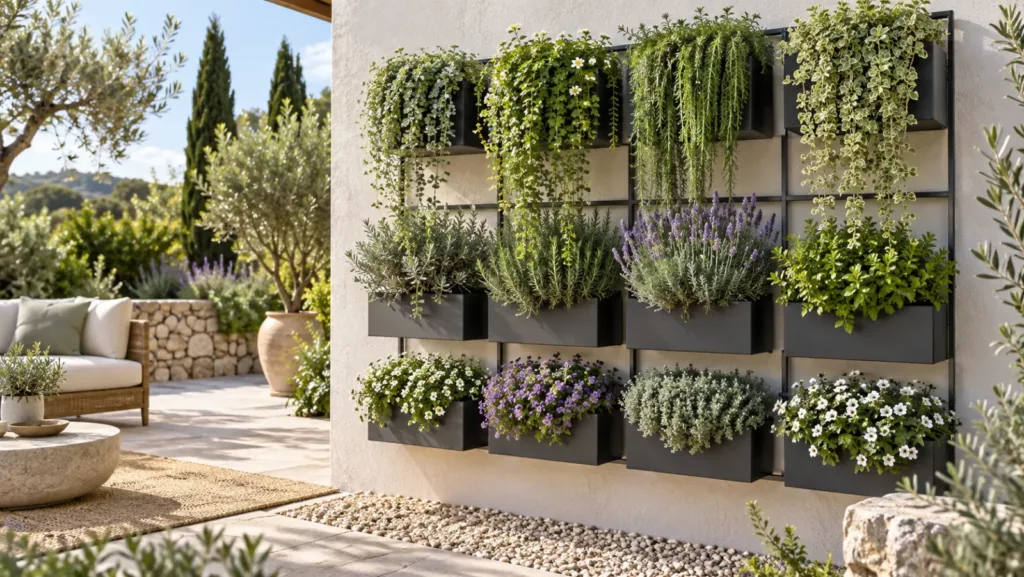 Jardín vertical modular exterior con plantas colgantes y aromáticas en cascada