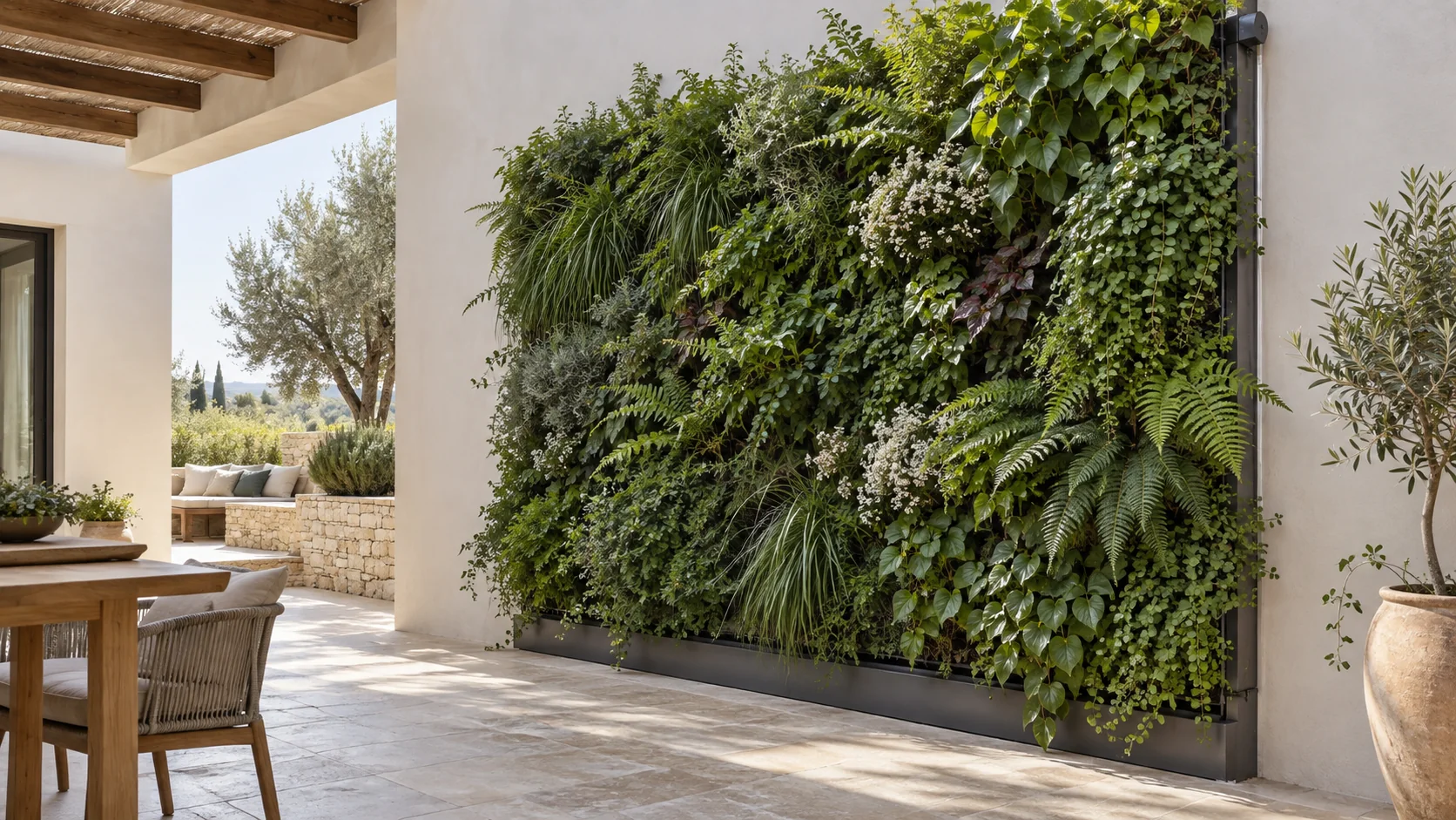 Jardín vertical con plantas vivas en una terraza