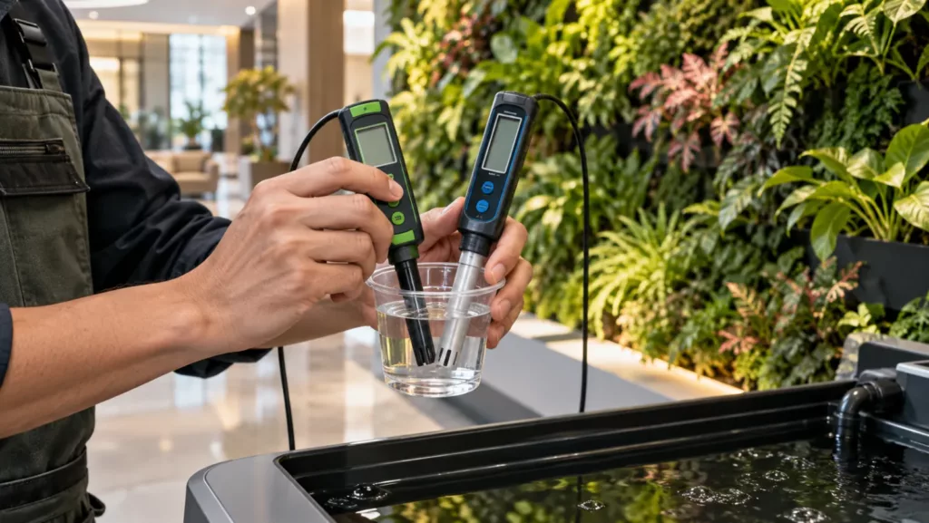 Medición de pH y EC de la solución nutritiva con dos medidores digitales junto a un jardín vertical