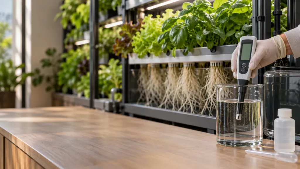 Medición del pH de la solución nutritiva de un jardín vertical con medidor digital
