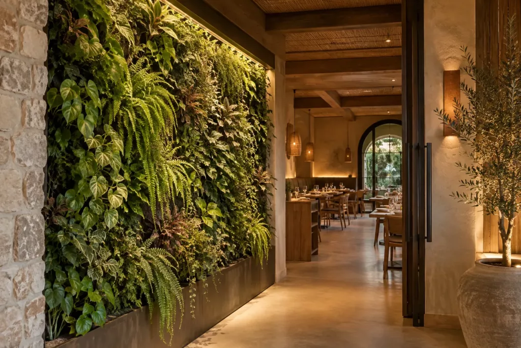 Muro vegetal en la sala de un restaurante