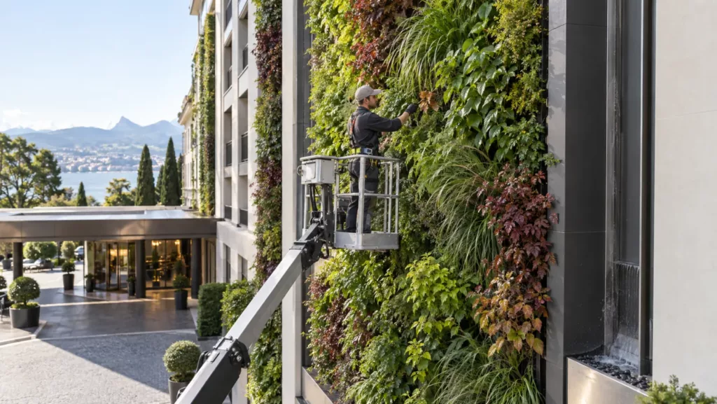 Operario en plataforma elevadora haciendo el mantenimiento de un jardín vertical en la fachada de un hotel