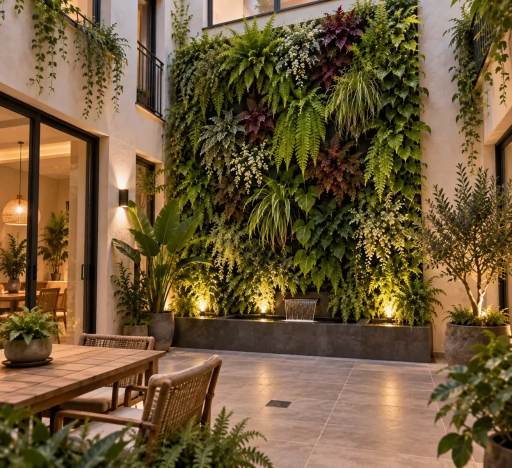Patio interior de hotel con jardín vertical iluminado con focos al atardecer