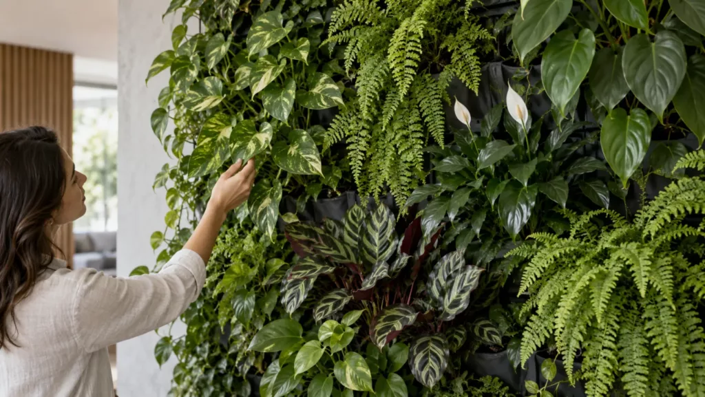 Persona revisando un jardín vertical con helechos, philodendron y spathiphyllum de necesidades parecidas