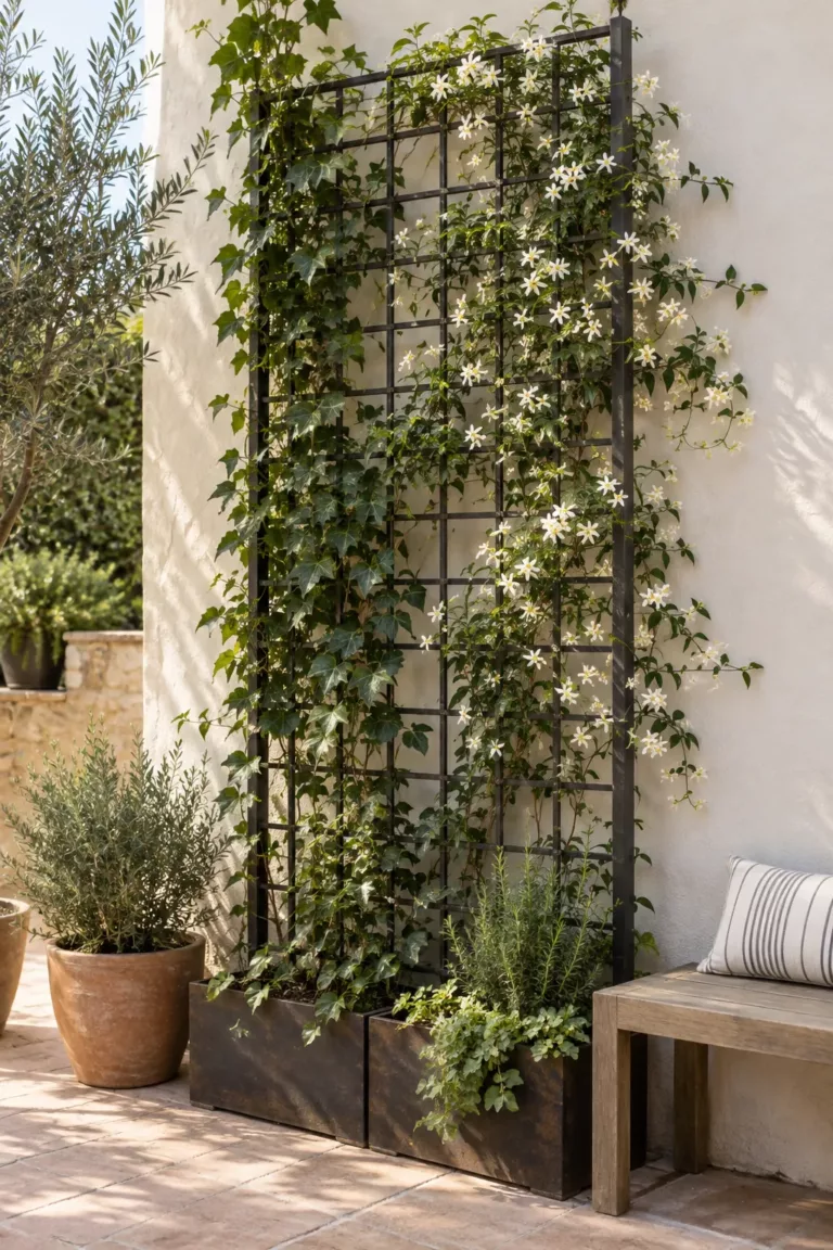Plantas trepadoras creciendo sobre un enrejado en una pared exterior