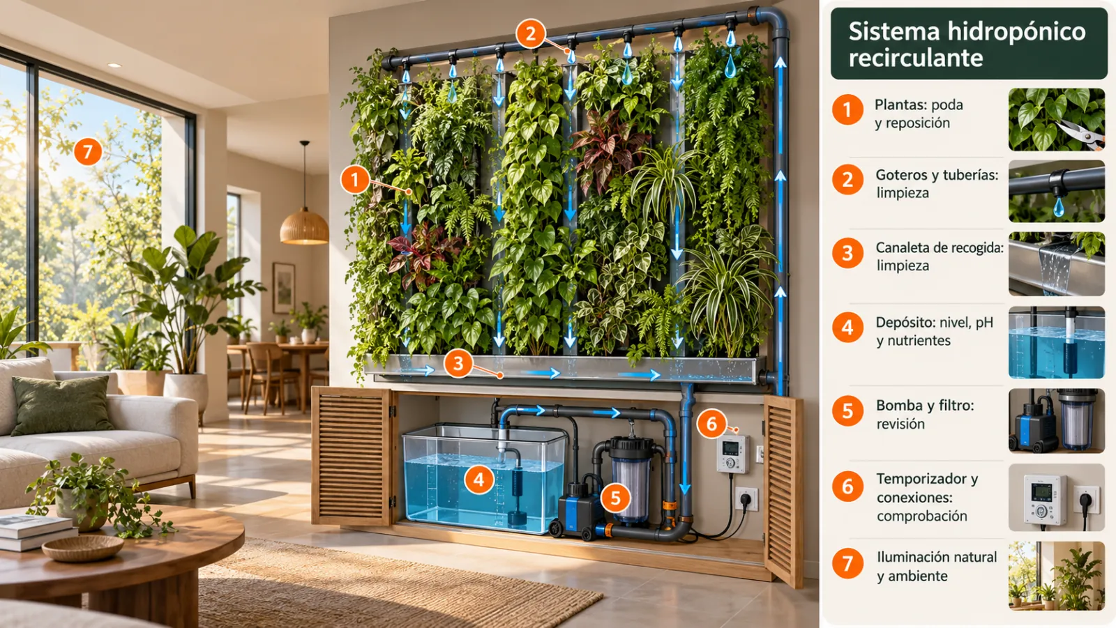 Puntos de revisión de un sistema hidropónico recirculante: plantas, goteros, canaleta, depósito, bomba, temporizador e iluminación