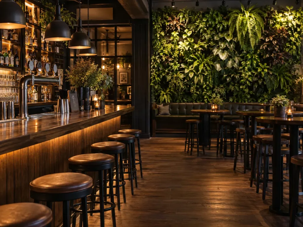 Rincón de una cafetería con barra y un jardín vertical en la pared del fondo