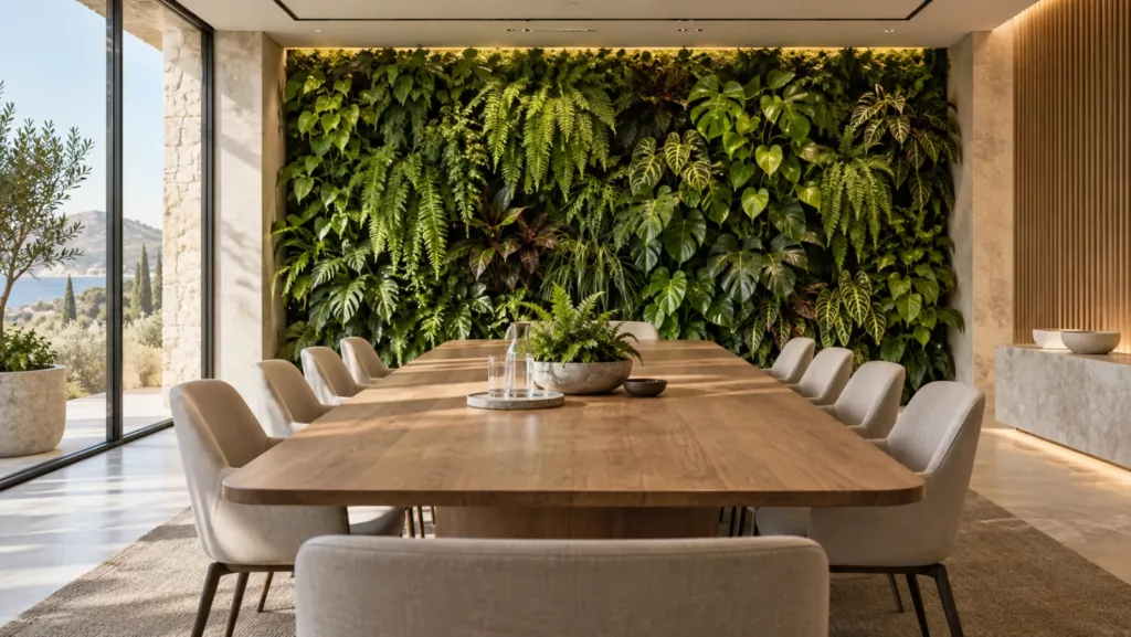 Sala de reuniones con jardín vertical en la pared del fondo y mesa larga de madera
