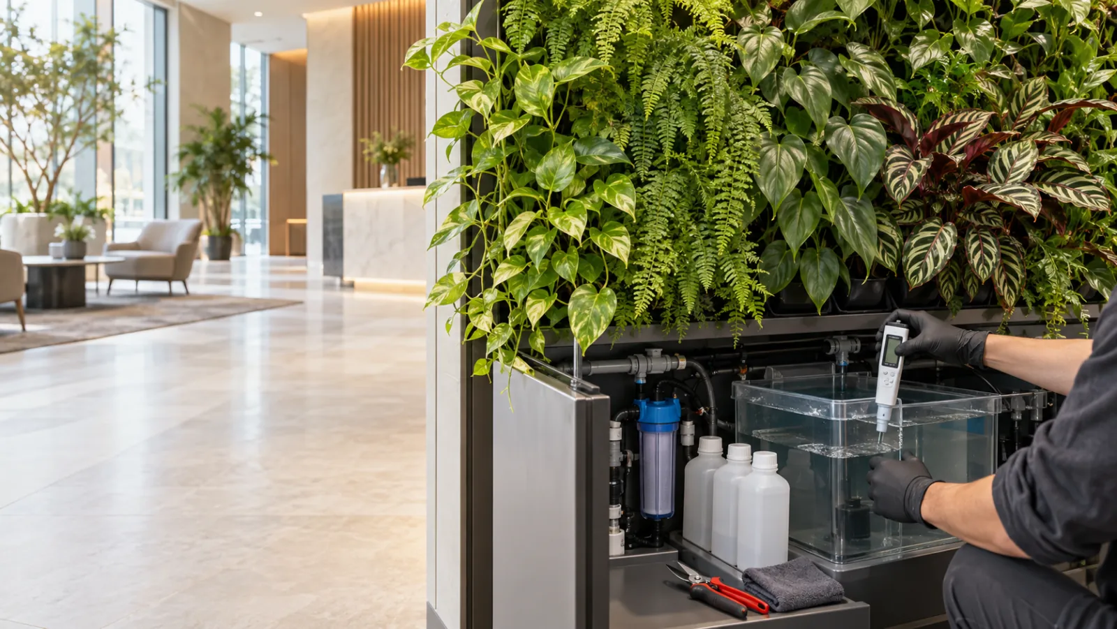 Técnico revisando el depósito y el medidor de un jardín vertical hidropónico