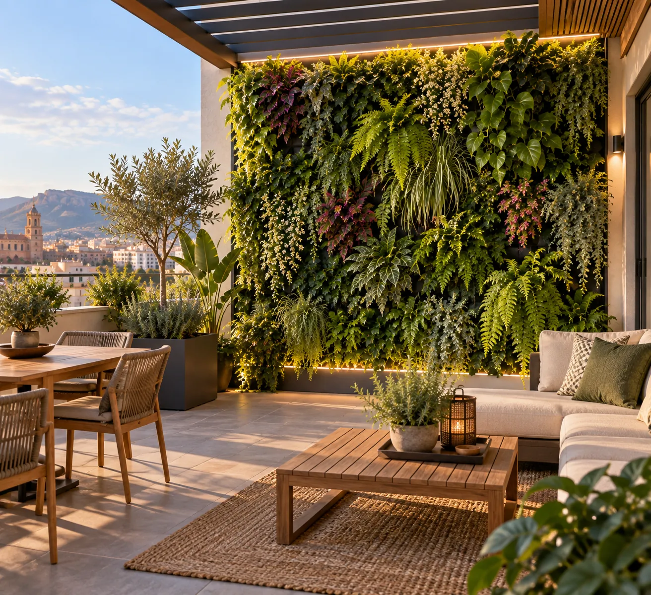 Terraza con jardín vertical, sofá y mesa de comedor con vistas a la ciudad